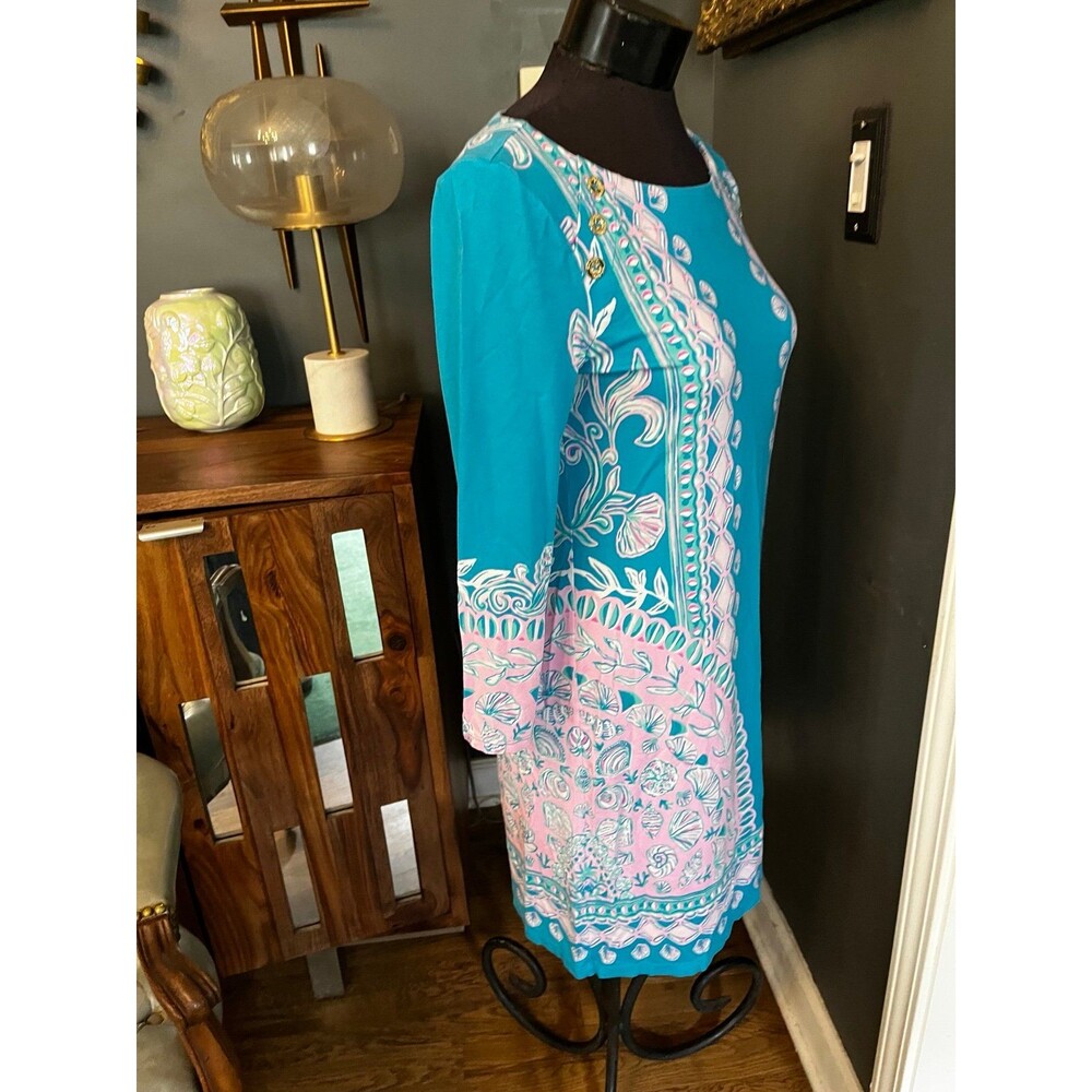 Lilly Pulitzer Soft Stretch Knit Turquoise & Pink Sea shell Floral Dress S - Picture 4 of 6